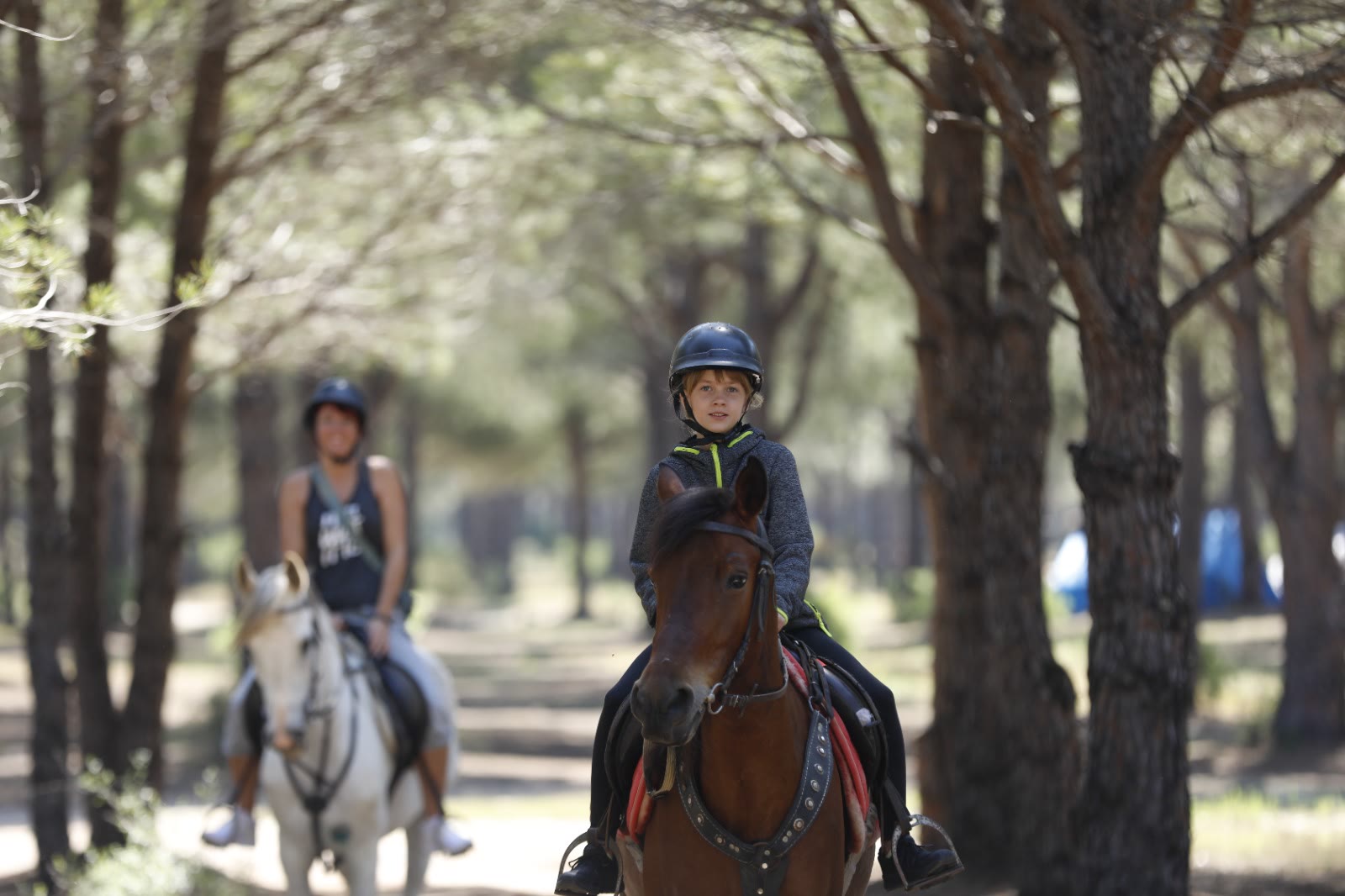 Young riders on a forest trail